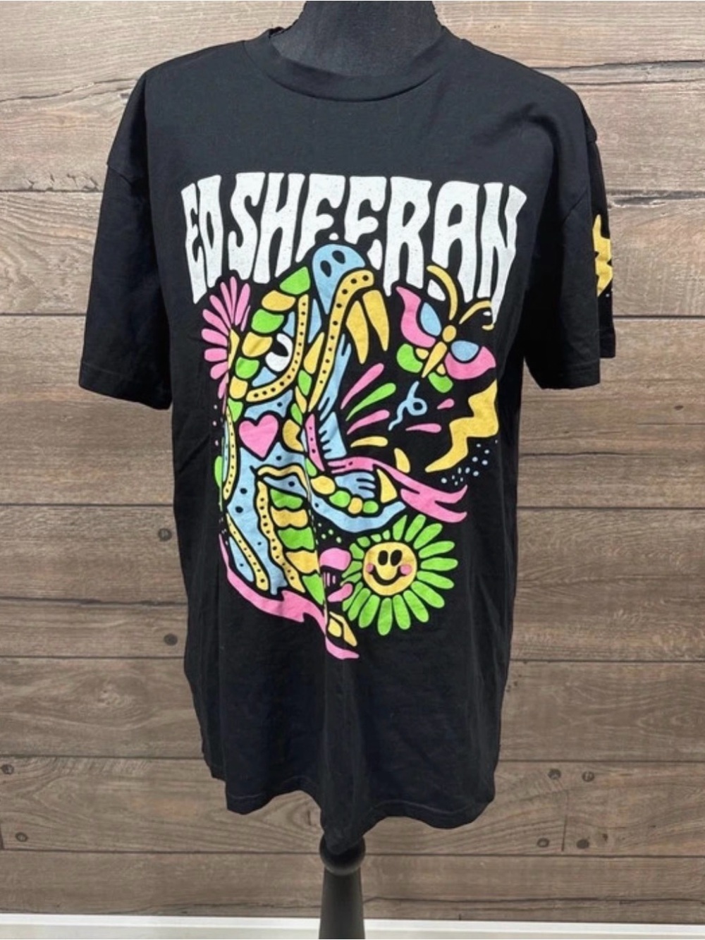 Ed Sheeran, Black Graphic Tee with Neon Floral Design
